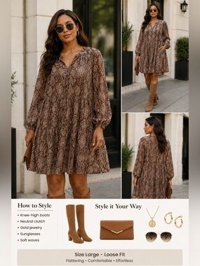 Sandy & Sid Snake Print Long Sleeve Women's Dress (448)